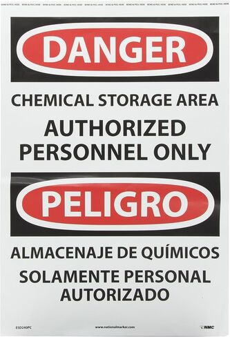 NMC ESD240RB لافتة OSHA ثنائية اللغة، Legend "DANGER - منطقة تخزين كيميائية للأشخاص المعتمدين فقط"، طول 10 بوصة × ارتفاع 14 بوصة، بلاستيك صلب، أسود/أحمر على أبيض in Kuwait