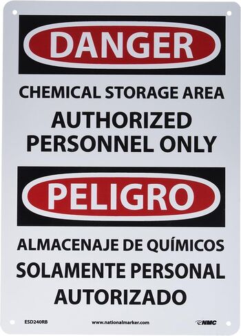 NMC ESD240RB لافتة OSHA ثنائية اللغة، Legend "DANGER - منطقة تخزين كيميائية للأشخاص المعتمدين فقط"، طول 10 بوصة × ارتفاع 14 بوصة، بلاستيك صلب، أسود/أحمر على أبيض in Kuwait