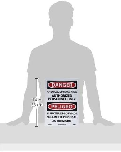 NMC ESD240RB لافتة OSHA ثنائية اللغة، Legend "DANGER - منطقة تخزين كيميائية للأشخاص المعتمدين فقط"، طول 10 بوصة × ارتفاع 14 بوصة، بلاستيك صلب، أسود/أحمر على أبيض in Kuwait