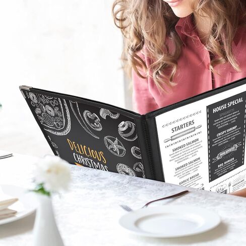 أغطية قائمة مقاس 8.5 × 11 بوصة 4 صفحات 8 عرض أغطية قائمة مطعم شفافة تناسب ورق بحجم A4، حامل قائمة شفاف، مجلد قائمة مقهى مع حواف جلدية وزوايا زخرفية، أسود (20) in Kuwait