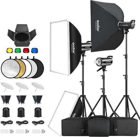 Godox 3 Pack SK400II 1200W Studio Strobe Flash Kit, 400W Bowens Mount Monolight, 24"x36" Softbox, 110" Light Stand, Umbrella, Barn Door, Carrying Case for Video Shooting,Prodoct, Portrait Photography in Saudi Arabia