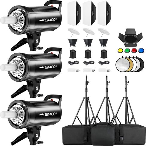 Godox 3 Pack SK400II 1200W Studio Strobe Flash Kit, 400W Bowens Mount Monolight, 24"x36" Softbox, 110" Light Stand, Umbrella, Barn Door, Carrying Case for Video Shooting,Prodoct, Portrait Photography in Saudi Arabia