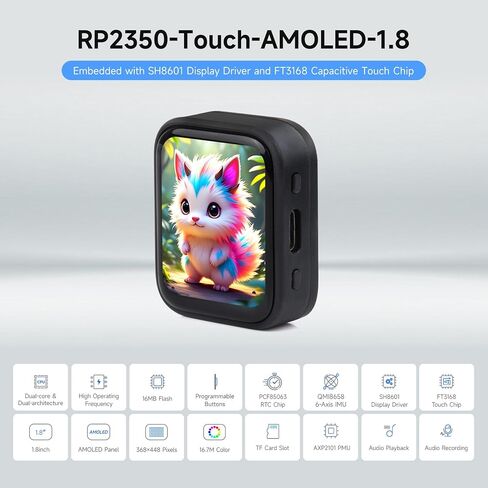 Waveshare RP2350 1.8inch AMOLED Touch Display Development Board, 368×448 Pixels, Low Power Touchscreen, QSPI Interface, Dual-core & Dual-Architecture Design, Accelerometer and Gyroscope Sensor in Saudi Arabia
