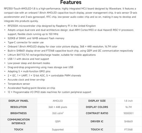 Waveshare RP2350 1.8inch AMOLED Touch Display Development Board, 368×448 Pixels, Low Power Touchscreen, QSPI Interface, Dual-core & Dual-Architecture Design, Accelerometer and Gyroscope Sensor in Saudi Arabia