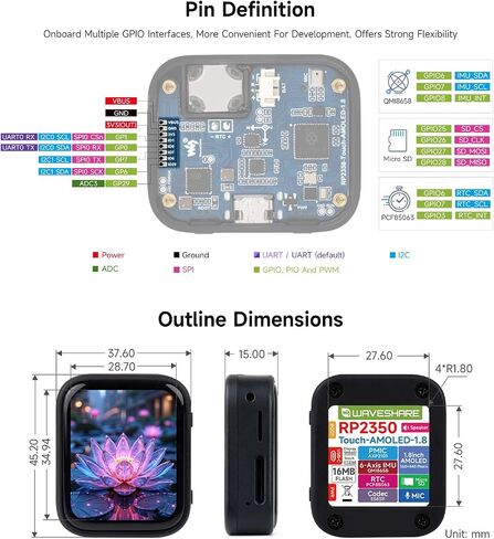 Waveshare RP2350 1.8inch AMOLED Touch Display Development Board, 368×448 Pixels, Low Power Touchscreen, QSPI Interface, Dual-core & Dual-Architecture Design, Accelerometer and Gyroscope Sensor in Saudi Arabia