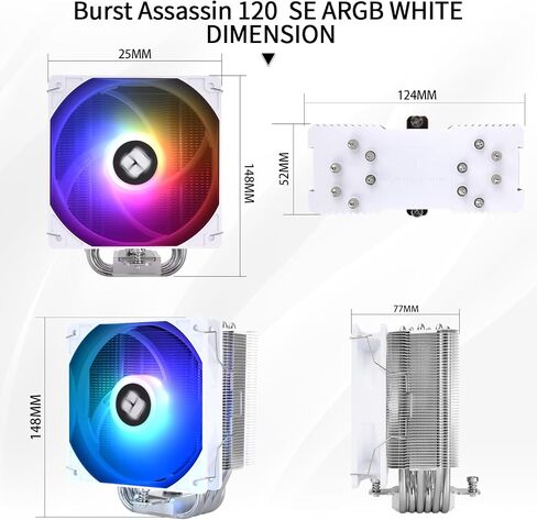 Thermalright Burst Assassin 120 SE ARGB White CPU Cooler, 148mm High, 120mm PWM Fan with 1550RPM Speed,6 Heat Pipes Heatsink Cooling, for Intel lga1700/1851/1150/1151/1200, AM4/AM5, PC Cooling,White in Saudi Arabia