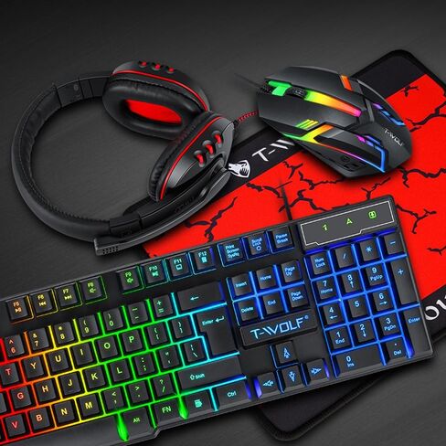 Yunir Wired RGB Backlit Gaming Keyboard and Mouse Combo, Gaming Headset Mouse Pad Combo,Rainbow Backlight Gaming Set,Ergonomic Design,All in 1 PC Bundle for Wins PC in Saudi Arabia