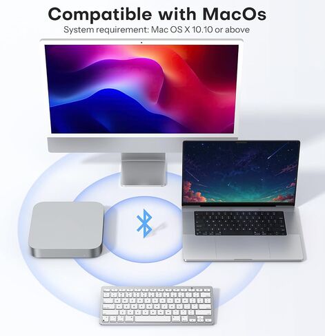 لوحة مفاتيح Omoton اللاسلكية لـ Mac/Macbook Pro/Air ، 14 اختصارات وسائط ، تصميم نحيف ومحمول ، لوحة مفاتيح Bluetooth مستقرة ، Silverwhite in Kuwait