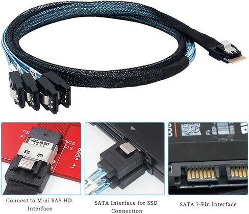 Slimline SAS SFF-8654 4I 38P إلى 4X SATA Cable-30AWG 10 أوم كابل اتصال داخلي عالي السرعة مسطح إلى متمر in Saudi Arabia