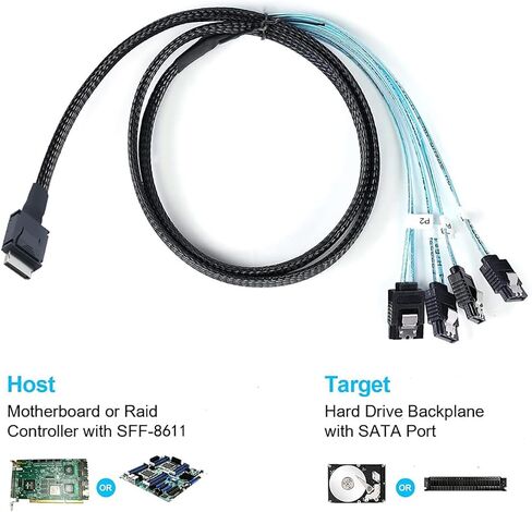 OCuLink PCIe SAS SFF-8611 4i to 4X SATA 7P Server Cable — 12Gbps 32AWG High-Speed Internal Flat-to-Flat Connection Cable, Blue (1M) in Saudi Arabia
