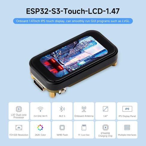 Waveshare ESP32-S3 1.47inch لوحة تطوير اللمس ، دقة 172 × 320 ، لون العرض 262k ، يدعم 2.4 جيجا هرتز Wi-Fi/Ble 5 ، 240mhz Lx7 معالج ثنائي النواة in Saudi Arabia