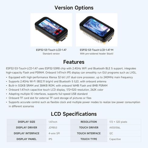 Waveshare ESP32-S3 1.47inch لوحة تطوير اللمس ، دقة 172 × 320 ، لون العرض 262k ، يدعم 2.4 جيجا هرتز Wi-Fi/Ble 5 ، 240mhz Lx7 معالج ثنائي النواة in Saudi Arabia