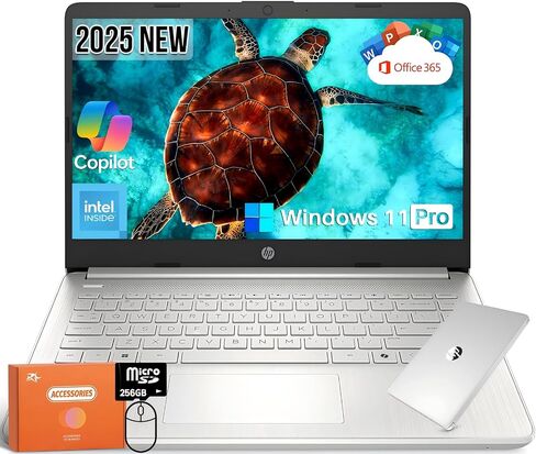 HP 2025 NEW 14 "HD Computer Computer ، Intel Processor N150 ، RAM 16GB ، تخزين 384 جيجابايت (128 جيجا بايت UFS+256GB MSD) ، Copilot AI ، 1 سنة Office 365 ، WiFi 6 ، Ultra Light Student Laptop ، Windows 11 Pro ، Accortory Kit in Kuwait
