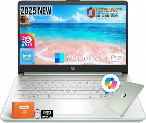 HP 2025 NEW 14 "HD Computer Computer ، Intel Processor N150 ، RAM 16GB ، تخزين 384 جيجابايت (128 جيجا بايت UFS+256GB MSD) ، Copilot AI ، 1 سنة Office 365 ، WiFi 6 ، Ultra Light Student Laptop ، Windows 11 Pro ، Accortory Kit in Kuwait