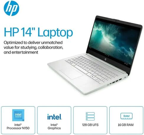 HP 2025 NEW 14 "HD Computer Computer ، Intel Processor N150 ، RAM 16GB ، تخزين 384 جيجابايت (128 جيجا بايت UFS+256GB MSD) ، Copilot AI ، 1 سنة Office 365 ، WiFi 6 ، Ultra Light Student Laptop ، Windows 11 Pro ، Accortory Kit in Kuwait