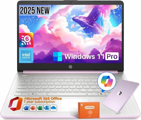 HP 2025 NEW 14 "HD Computer Computer ، Intel Processor N150 ، RAM 16GB ، تخزين 384 جيجابايت (128 جيجا بايت UFS+256GB MSD) ، Copilot AI ، 1 سنة Office 365 ، WiFi 6 ، Ultra Light Student Laptop ، Windows 11 Pro ، Accortory Kit in Kuwait