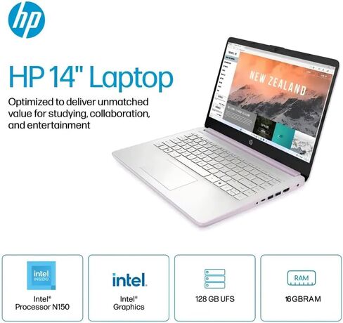 HP 2025 NEW 14 "HD Computer Computer ، Intel Processor N150 ، RAM 16GB ، تخزين 384 جيجابايت (128 جيجا بايت UFS+256GB MSD) ، Copilot AI ، 1 سنة Office 365 ، WiFi 6 ، Ultra Light Student Laptop ، Windows 11 Pro ، Accortory Kit in Kuwait
