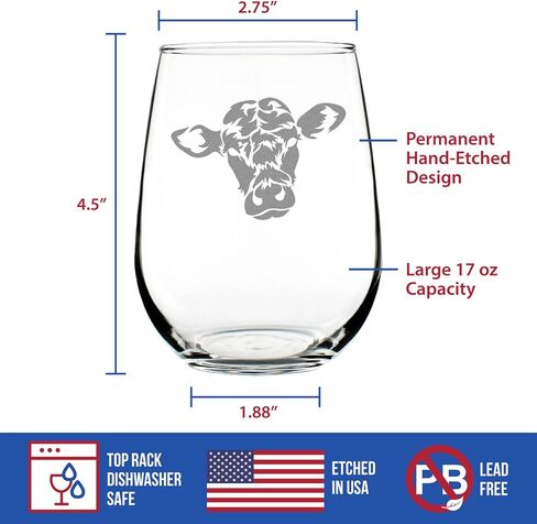 Cow Face Stemless Wine Glass - Funny Cute Farm Animal Themed Decor and Gifts for Cow Lovers - Large 17 Oz in Saudi Arabia