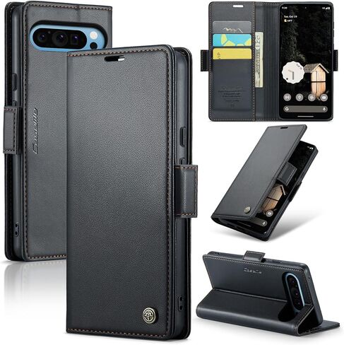 حقيبة محفظة لـ Google Pixel 10 Pro XL ، حالة الوجه المغناطيسي مع حامل بطاقة حظر RFID Kickstand للنساء ، Pixel 10 Pro XL Rockproof Detective Phone Cover (Black) in Kuwait