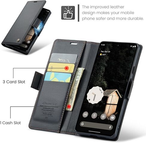 حقيبة محفظة لـ Google Pixel 10 Pro XL ، حالة الوجه المغناطيسي مع حامل بطاقة حظر RFID Kickstand للنساء ، Pixel 10 Pro XL Rockproof Detective Phone Cover (Black) in Kuwait