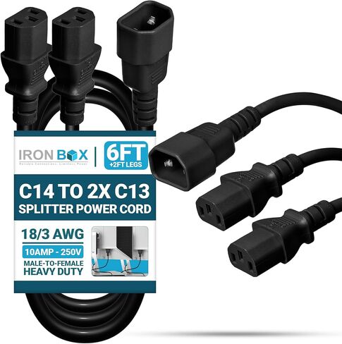 IronBox Electric IEC C14 to 2X C13 Splitter Power Cord - 10A, 250V, 18/3 AWG - UL Listed Power Extension Cable - Heavy Duty Adapter Cables for Computer, Monitor, PDU, Printer & More (1ft + 1ft Legs) in Saudi Arabia