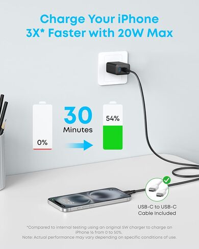 Anker iPhone 16 Charger ، 2-Pack 20W Fast USB C Charger Block ، USB C إلى USB C Cable ، Type-C Charging Cord Charge (10 ft ، 100W) in Kuwait