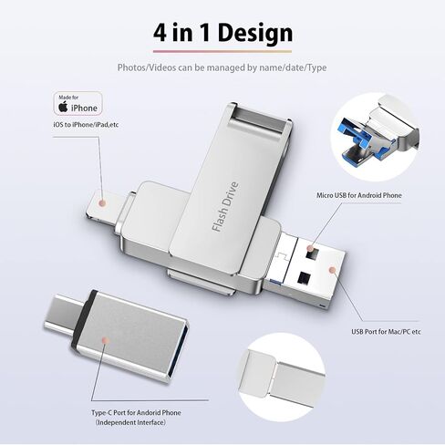 عصا الصور لـ iPhone ، 4 في محرك أقراص فلاش iPhone ، USB Memory Stick 512GB iPhone Thumb Drive للصور ومقاطع الفيديو محرك النسخ الاحتياطي لتخزين iPhone و iPad و Android ، الكمبيوتر الشخصي in Saudi Arabia