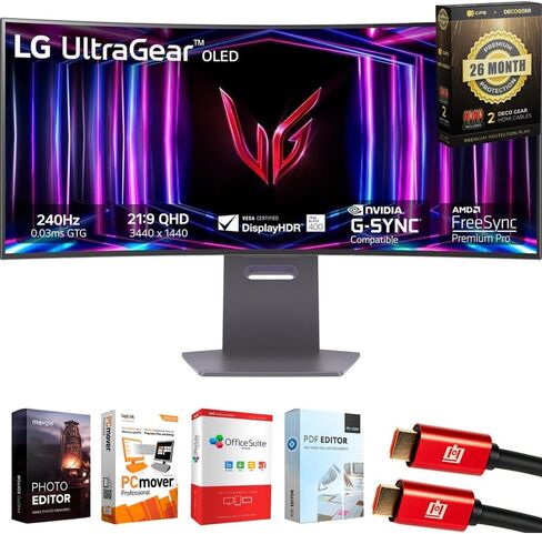 LG 34 بوصة ULTRAGEAR 1440P 240 هرتز OLED 800R حزمة ألعاب منحنية مع Tech Smart USA Elite Suite 18 ، 2x HDMI Cable & Deco Gear CPS 26 Month Pack (Beach-CPS-26M1500) in Saudi Arabia