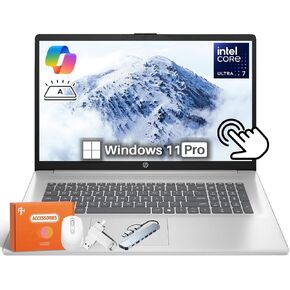 HP 17 بوصة الشاشة التي تعمل باللمس المحمول ، 17.3 "مضاد لـ Glare HD+ TOUCSCREEN ، Intel Ultra 7 255U ، لوحة مفاتيح الإضاءة الخلفية ، مفتاح COPILOT ، NPU المدمج ، 64 جيجابايت DDR5 ، 4TB SSD ، Bluetooth 5.4 ، Windows 11 Pro ، Accessories in Kuwait