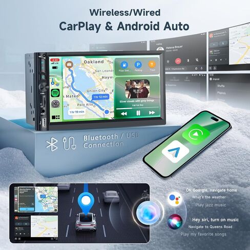 Radio Double Din Car Stereo مع Carplay Android Auto ، 7 بوصة HD شاشة تعمل باللمس مستقبلات الصوت مع Bluetooth ، كاميرا نسخ احتياطي HD ، FM ، رابط المرآة ، USB/Type C/TF/AUX/SWC in Kuwait