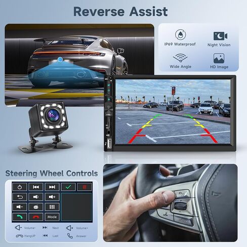 Radio Double Din Car Stereo مع Carplay Android Auto ، 7 بوصة HD شاشة تعمل باللمس مستقبلات الصوت مع Bluetooth ، كاميرا نسخ احتياطي HD ، FM ، رابط المرآة ، USB/Type C/TF/AUX/SWC in Kuwait