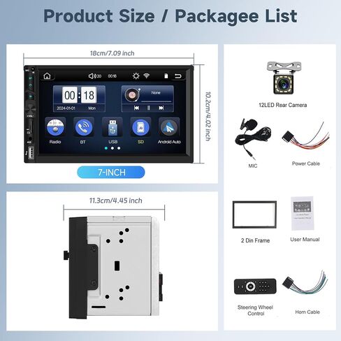 Radio Double Din Car Stereo مع Carplay Android Auto ، 7 بوصة HD شاشة تعمل باللمس مستقبلات الصوت مع Bluetooth ، كاميرا نسخ احتياطي HD ، FM ، رابط المرآة ، USB/Type C/TF/AUX/SWC in Kuwait