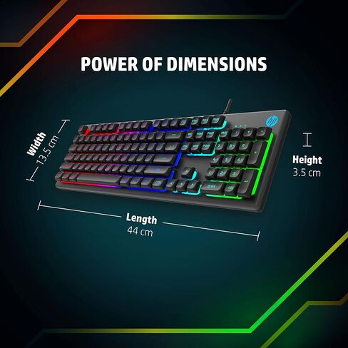 HP K500F Backlit Greass Wired Gaming Keyboard مع إضاءة ملونة مختلطة ، لوحة معدنية مع إضاءة الشعار ، 26 مفتاح مضاد للضواحي ، in Kuwait