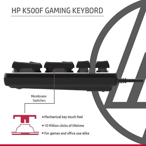 HP K500F Backlit Greass Wired Gaming Keyboard مع إضاءة ملونة مختلطة ، لوحة معدنية مع إضاءة الشعار ، 26 مفتاح مضاد للضواحي ، in Kuwait