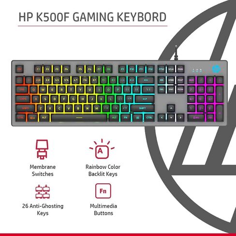 HP K500F Backlit Greass Wired Gaming Keyboard مع إضاءة ملونة مختلطة ، لوحة معدنية مع إضاءة الشعار ، 26 مفتاح مضاد للضواحي ، in Kuwait