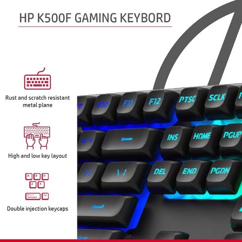 HP K500F Backlit Greass Wired Gaming Keyboard مع إضاءة ملونة مختلطة ، لوحة معدنية مع إضاءة الشعار ، 26 مفتاح مضاد للضواحي ، in Kuwait