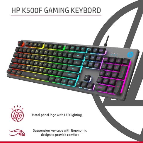HP K500F Backlit Greass Wired Gaming Keyboard مع إضاءة ملونة مختلطة ، لوحة معدنية مع إضاءة الشعار ، 26 مفتاح مضاد للضواحي ، in Kuwait