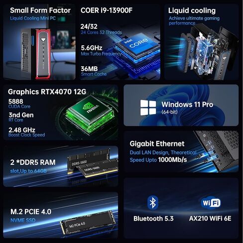 MSECORE MINI Gaming PC COLDING COLDING ، 13th Gen Core I9-13900F مع 64G DDR5 RAM 2T PCIE4.0 SSD كمبيوتر سطح المكتب ، RTX4070S 12G ، 8K ، 1*HDMI ، 3*DisplayPort ، Optical ، WIFI 6E ، Windows 11 Pro in Kuwait