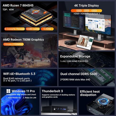 كمبيوتر صغير مع AMD Ryzen 9 8945HS ، يصل إلى 5.2 جيجا هرتز ، كمبيوتر سطح المكتب مع 64G DDR5 ، 2T PCIE4.0 SSD ، Windows 11 Pro ، HDMI/USB-C ، 4K Triple Display ، Radeon 780M Graphics ، 2.5GBPS LAN ، WIFI6E ، VESA in Kuwait