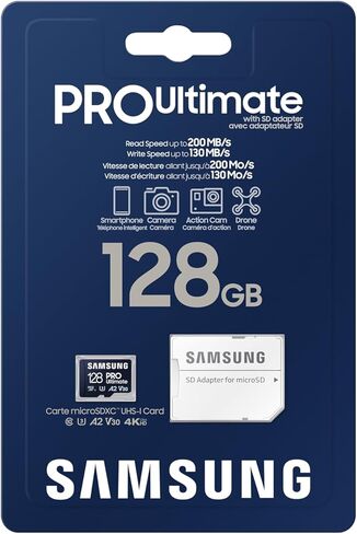بطاقة ذاكرة MicroSD في نهاية المطاف Samsung Pro ، محول ، 128 جيجا بايت MicroSDXC ، يصل إلى 200 ميجابايت/ثانية ، 4K UHD ، UHS-I ، الفئة 10 ، U3 ، V30 ، A2 لكاميرا العمل ، الطائرات بدون طيار ، الأمراض ، الهواتف ، الأجهزة اللوحية ، MB-MY128SA/AM [إصدار كندا] in Kuwait