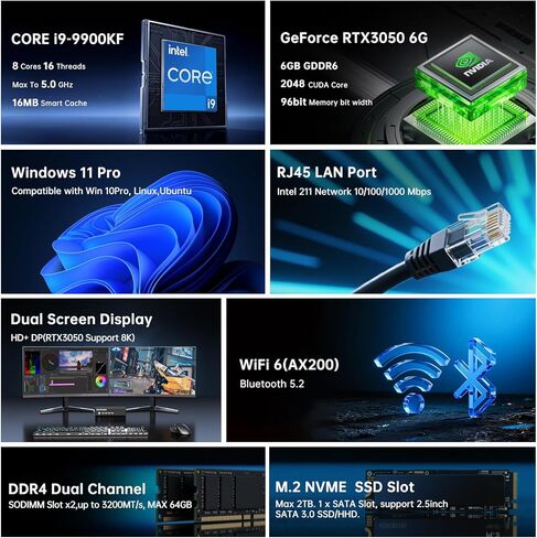 MSECORE MINI GAMING PC مع I9-9900KF (8 النوى ، الحد الأقصى 5.0GHz) ، 64G DDR4 RAM 1T NVME SSD ، RTX3050 6G كمبيوتر سطح المكتب ، Type-C ، 8K ، 1*HDMI ، 1*DP ، WIFI 6 ، Windows 11 Pro in Kuwait