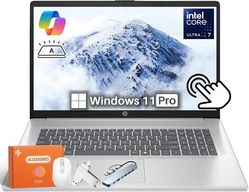 HP 17 بوصة الشاشة التي تعمل باللمس المحمول ، 17.3 "مضاد لـ Glare HD+ TOUCSCREEN ، Intel Ultra 7 255U ، لوحة مفاتيح الإضاءة الخلفية ، مفتاح COPILOT ، NPU المدمج ، 64 جيجابايت DDR5 ، 4TB SSD ، Bluetooth 5.4 ، Windows 11 Pro ، Accessories in Kuwait