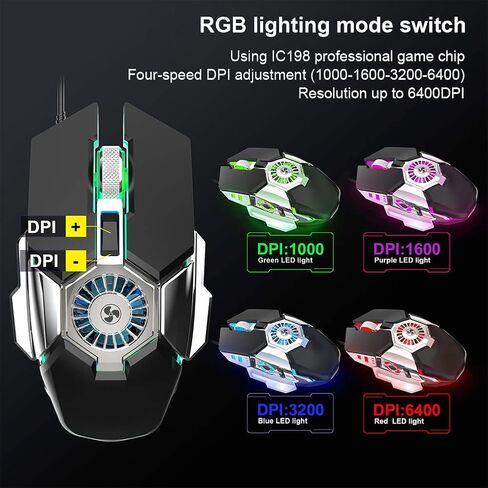 فأر الكمبيوتر ، الماوس الميكانيكي ، 4 سرعات DPI ، 7 أنواع من إضاءة RGB ، يأتي مع تبريد المروحة ، جميع مستديرة رقاقة IC ، مصممة للألعاب (رمادي) in Kuwait