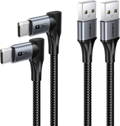 Sunguy Right Angle USB C Cable ، [2-pack ، 1ft] قصيرة 90 درجة USB-A إلى USB-C شحن البيانات السريعة نوع C charger cord wraded for iPhone 16 15 Pro Max Plus ، Galaxy S24 S23 ، iPad ، Power Bank in Kuwait