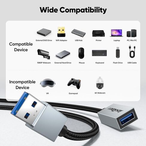 كابل امتداد USB 20 قدمًا ، النوع 3.0 A High Speed ​​5GBPS نقل وشحن الذكور إلى سلك موسع للإناث لمراقبة طابعة كاميرا ويب لوحة مفاتيح لوحة المفاتيح التلفزيونية in Kuwait