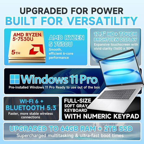 HP 17.3 جهاز كمبيوتر محمول من الشاشة التي تعمل باللمس للأعمال التجارية والطالب-17.3 HD + 250-nits عرض • AMD Ryzen 5 7530U • 64GB RAM + 2TB SSD • Windows 11 Pro in Saudi Arabia