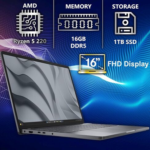 Dell Pro 16 FHD+ 16" (Replaces Latitude 3550), AMD Ryzen 5 220, 32GB DDR5 RAM, 1TB SSD, Backlit Keyboard, WiFi 6E + BT, RJ-45, HDMI, HD Webcam, W11P, Business Laptop, Black in Kuwait