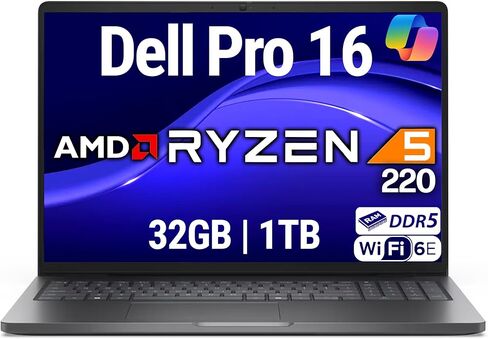 Dell Pro 16 FHD+ 16" (Replaces Latitude 3550), AMD Ryzen 5 220, 32GB DDR5 RAM, 1TB SSD, Backlit Keyboard, WiFi 6E + BT, RJ-45, HDMI, HD Webcam, W11P, Business Laptop, Black in Kuwait