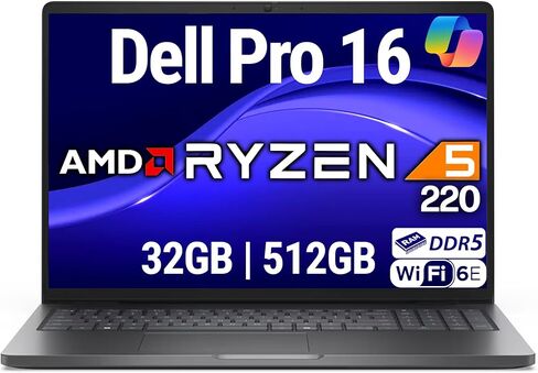 Dell Pro 16 FHD+ 16" (Replaces Latitude 3550), AMD Ryzen 5 220, 32GB DDR5 RAM, 1TB SSD, Backlit Keyboard, WiFi 6E + BT, RJ-45, HDMI, HD Webcam, W11P, Business Laptop, Black in Kuwait