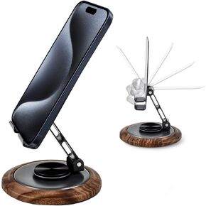 EnerCharge Adjustable Cell Phone Stand, 360° Rotating Foldable Cell Phone Holder, Walnut Wooden Desktop Portable Cellphone Stand with Convenient Charging Port,Anti-Slip Base,Fits All Phones in Saudi Arabia